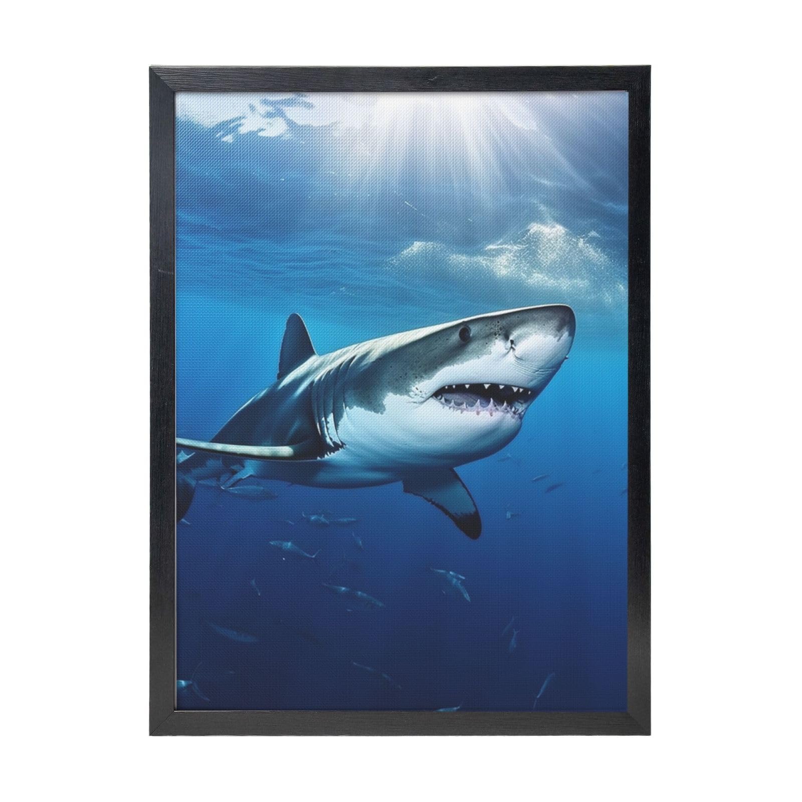 Framed Wall Art - Decorative Canvas Painting Ocean Sea Animal Shark Pictures Poster Aesthetic Modern Prints Artwork for Bedroom Office Wall Decor Ready To Hang 12x16 in