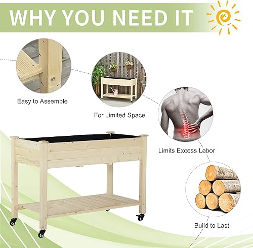 Miniatura 5 de Outsunny Cama de jardín elevada, 47 x 22 x 33 pulgadas, maceta de madera elevada con ruedas bloqueables, estante de almacenamiento y forro de cama