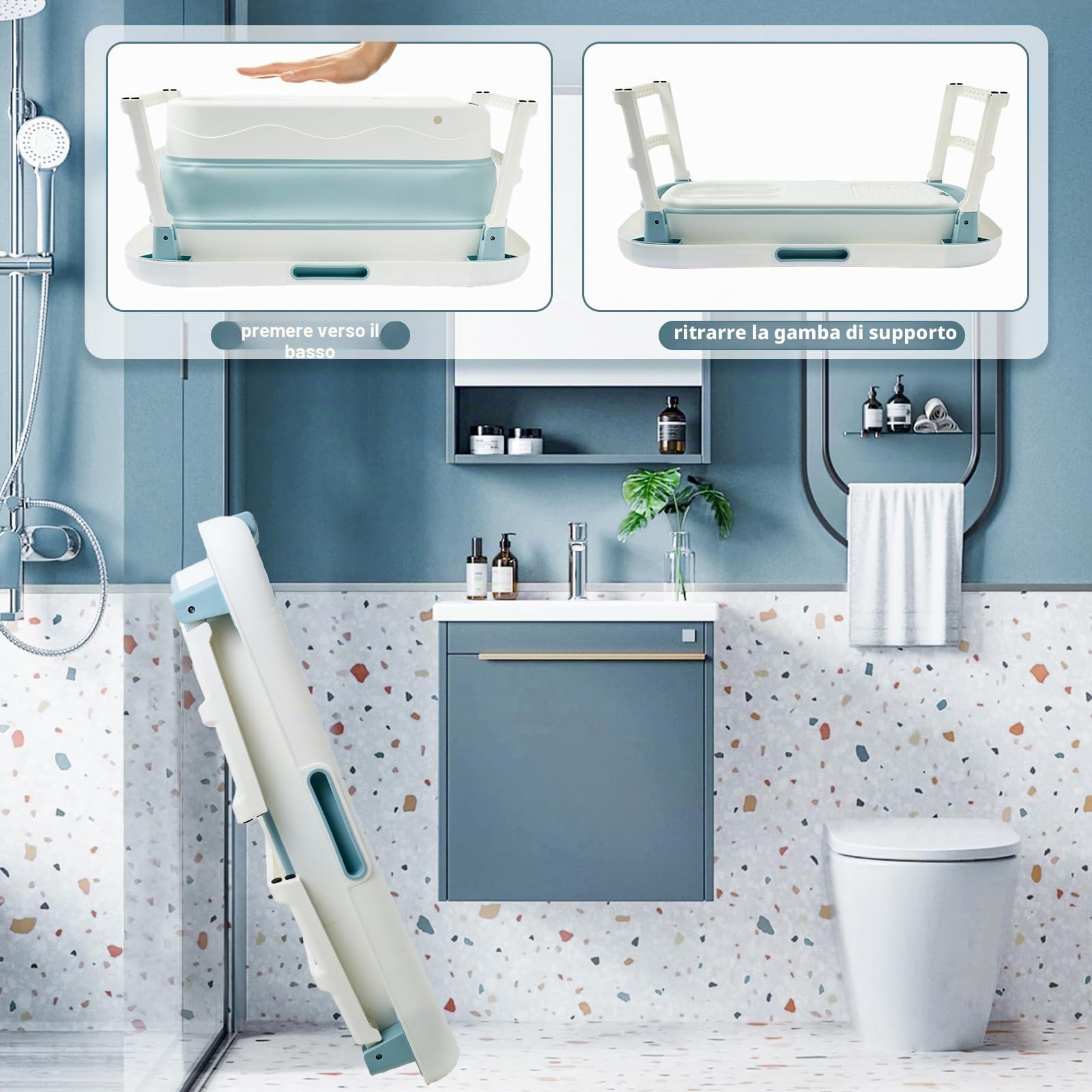 Vikbart - Vasca da bagno per adulti, pieghevole, vasca da bagno mobile per bagno, doccia e balcone, perfetta per bagni di piccole dimensioni, con portasapone, cuscino per il collo, pratica e portatile