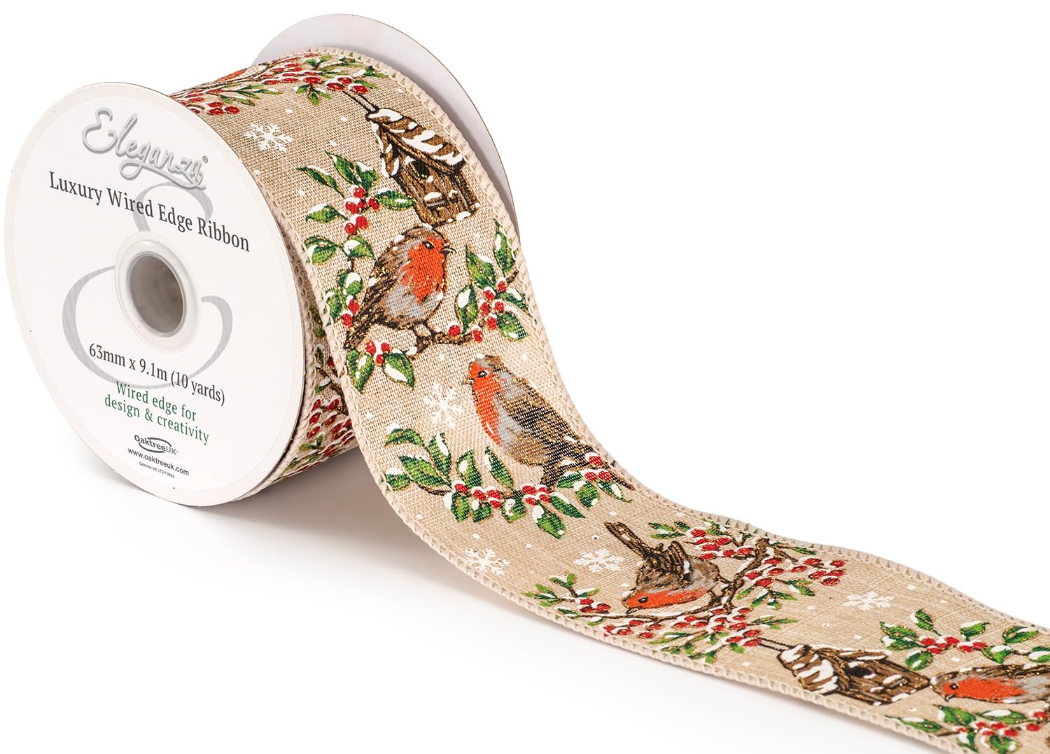Eleganza Natural 663244 Wired Edge Merry Christmas Festive Robin No.432 63Mm X 9.1M