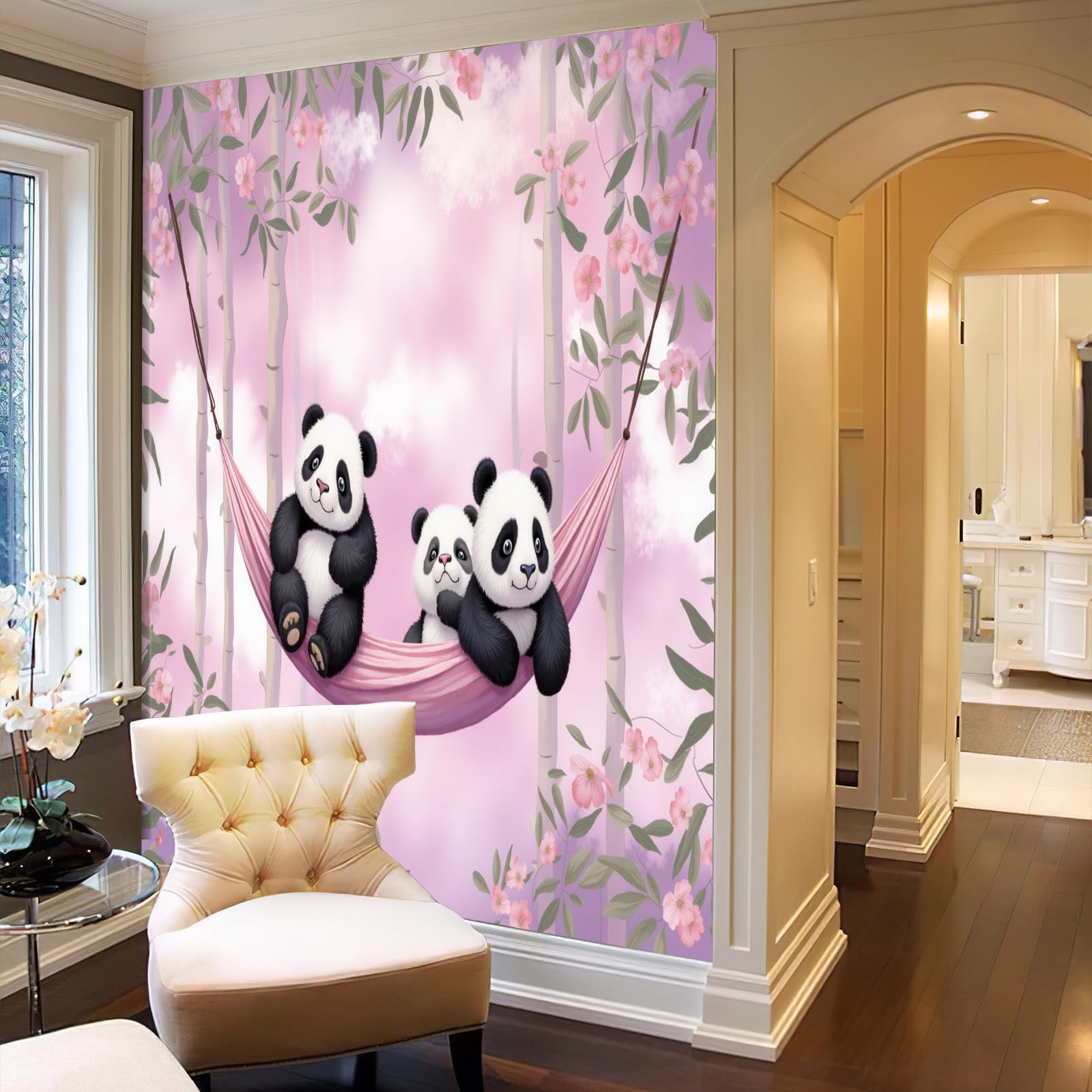 Carta da Parati no Adesiva Muro Fiori e nuvole Carta da Parati Camera da Letto Panda animale per Home DIY Decoration Wall no Adesiva rosa Muro 350x256cm