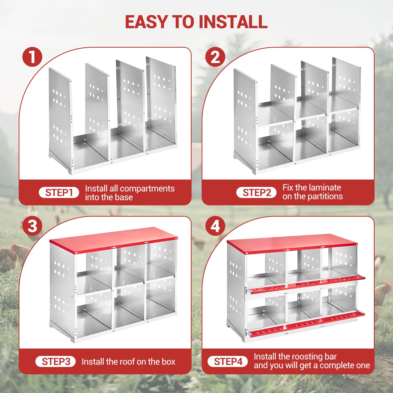 Gallinero De 6 Compartimentos, Acero Galvanizado Resistente e Inoxidable, con Orificios De Ventilación y Plataforma De Descanso, para Montaje En Pared o Suelo, Resistente a Picoteos y a La Corrosión