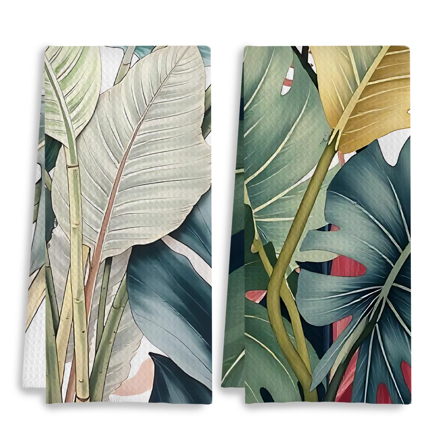 COWEB Tropical Kitchen Towels Set of 2, Palm Monstera Leaf Hand Towels for Bathroom, Tropical Bathroom Decor, Summer Dish Towels for Kitchen, 16x24