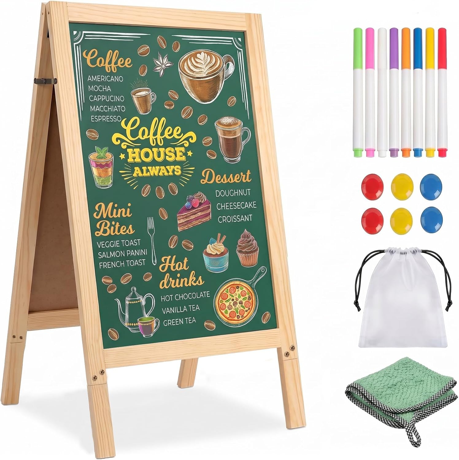 Double-Sided A-Frame Chalkboard Sign 40x20, Magnetic Sidewalk Sign with Solid Pine Wood Frame, Large Chalkboard Easel Menu Board for Restaurants, Cafes, Weddings & Outdoor Display with Accessories
