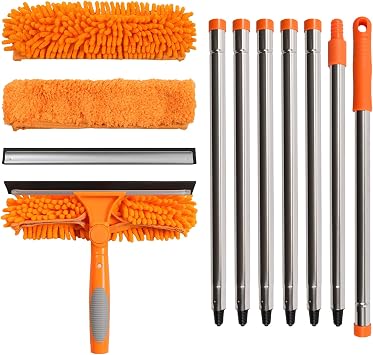 Terafeels 110.23in / 280cm Window Cleaning Equipment, 2 Pack Window Squeegees 2 in 1 Double-Sided Professional Window Cleaning Kit with Extension Pole Orange