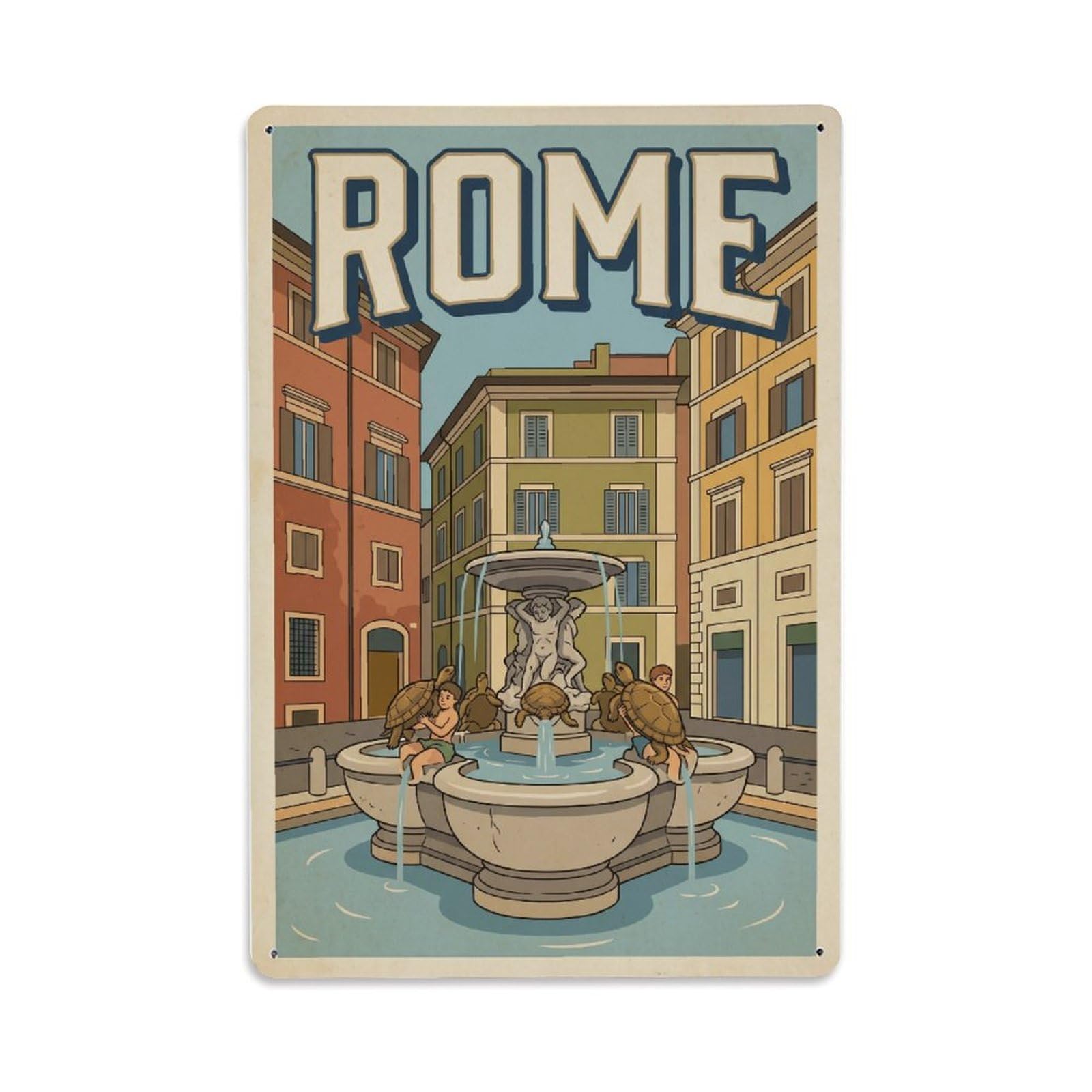 Vintage Travel Rome Piazza Mattei Turtle Fountain Renaissance Italy Metal Tin Sign Plaque Wall Decor for Cafe, Club Bar, Office, Home Garden Metal Poster 8x12Inch