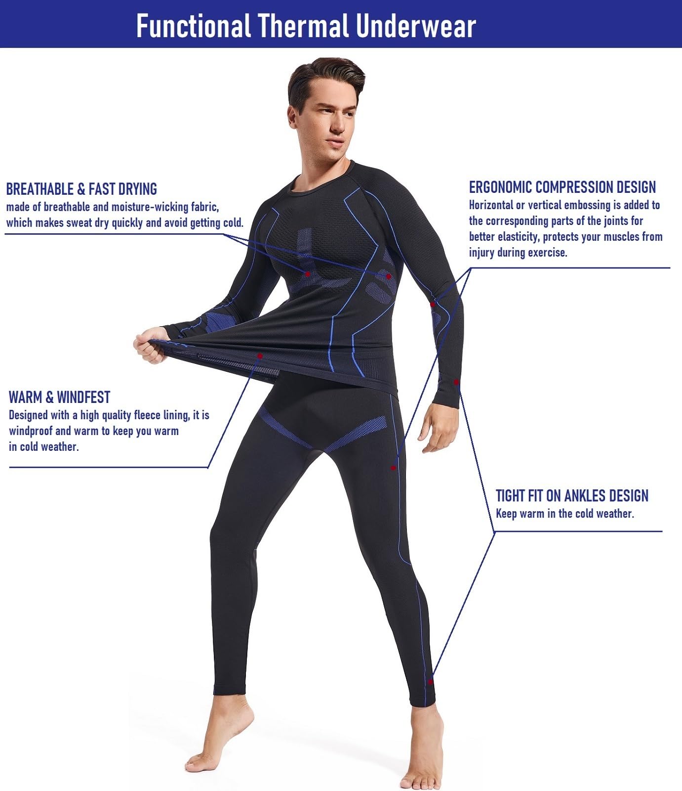 sous-vêtement Thermique Homme Fonctionnel sous-vêtements Thermiques Homme Perméable Séchage Rapide Ensemble Thermique Homme Respirant Chaud Ensemble Ski Homme pour Sports d’Extérieur
