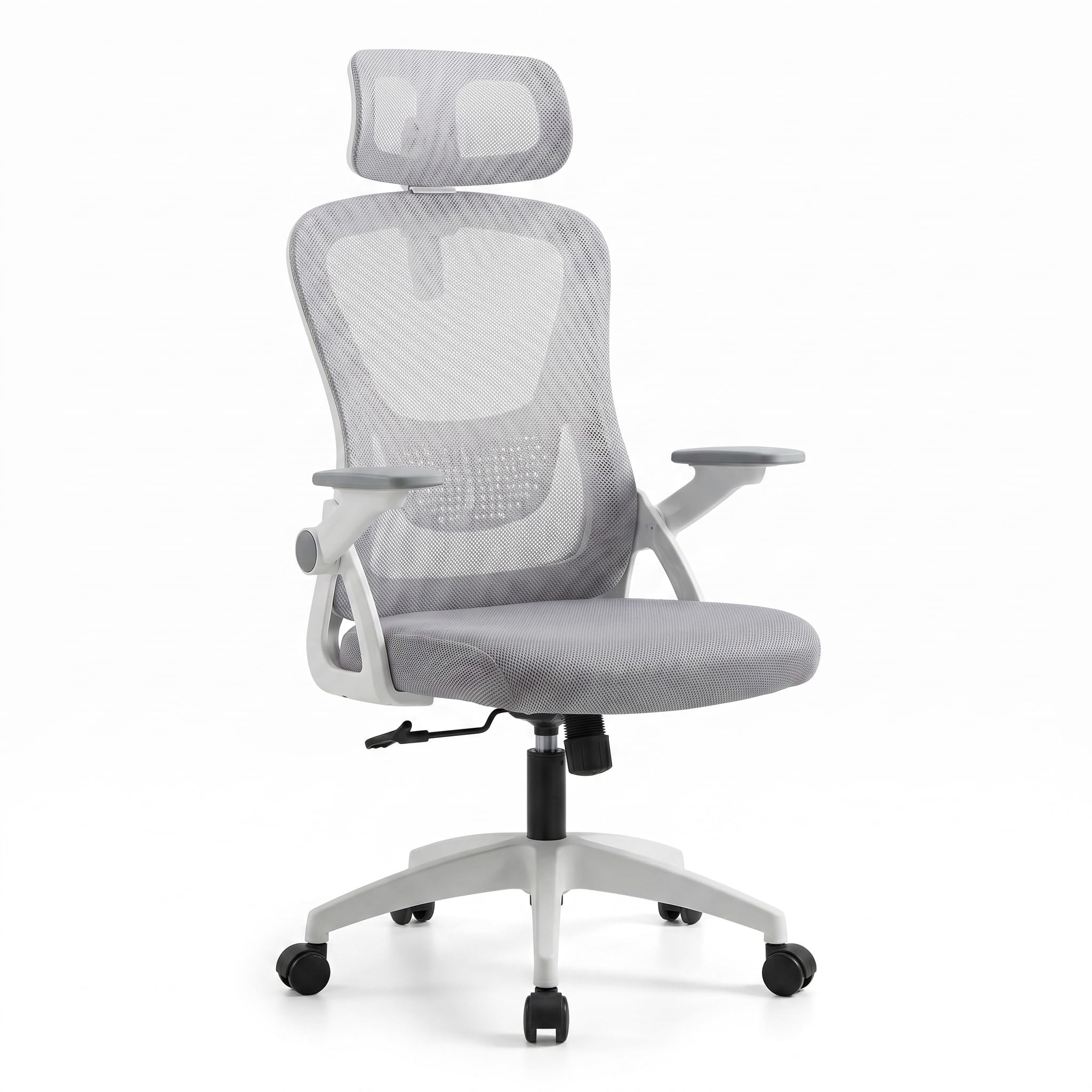 Ergonomic Office Chair with Breathable Mesh Back, Lumbar Support and Adjustable Height, Swivel Desk Chair with 360° Wheels (White Headboard and Arms)