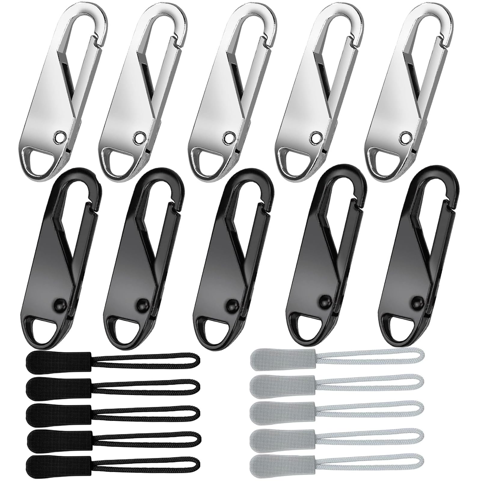 SOPSTUOZipper Pulls, 10Pcs Metal Zip Pulls and 10Pcs Nylon Zip Tags, Removable Zipper Pull Replacement Zipper Tab Tags Cord Extension Fixer for Purses, Luggage, Backpacks, Jackets, Handbags