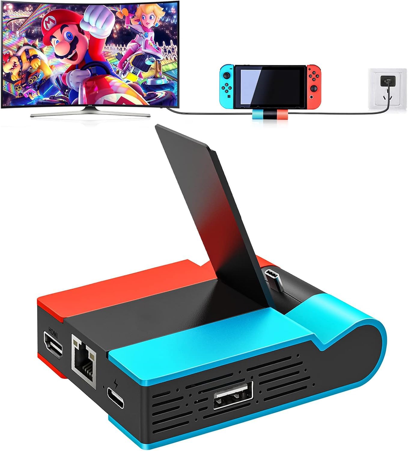 Switch TV Dock-Tendak Station de Chargement Pliable pour Nintendo Switch / Switch OLED,Switch Type C Station daccueil avec Adaptateur HDMI,1000Mbit RJ45 Adaptateur Ethernet et 2X USB Port,DAV-027-BK