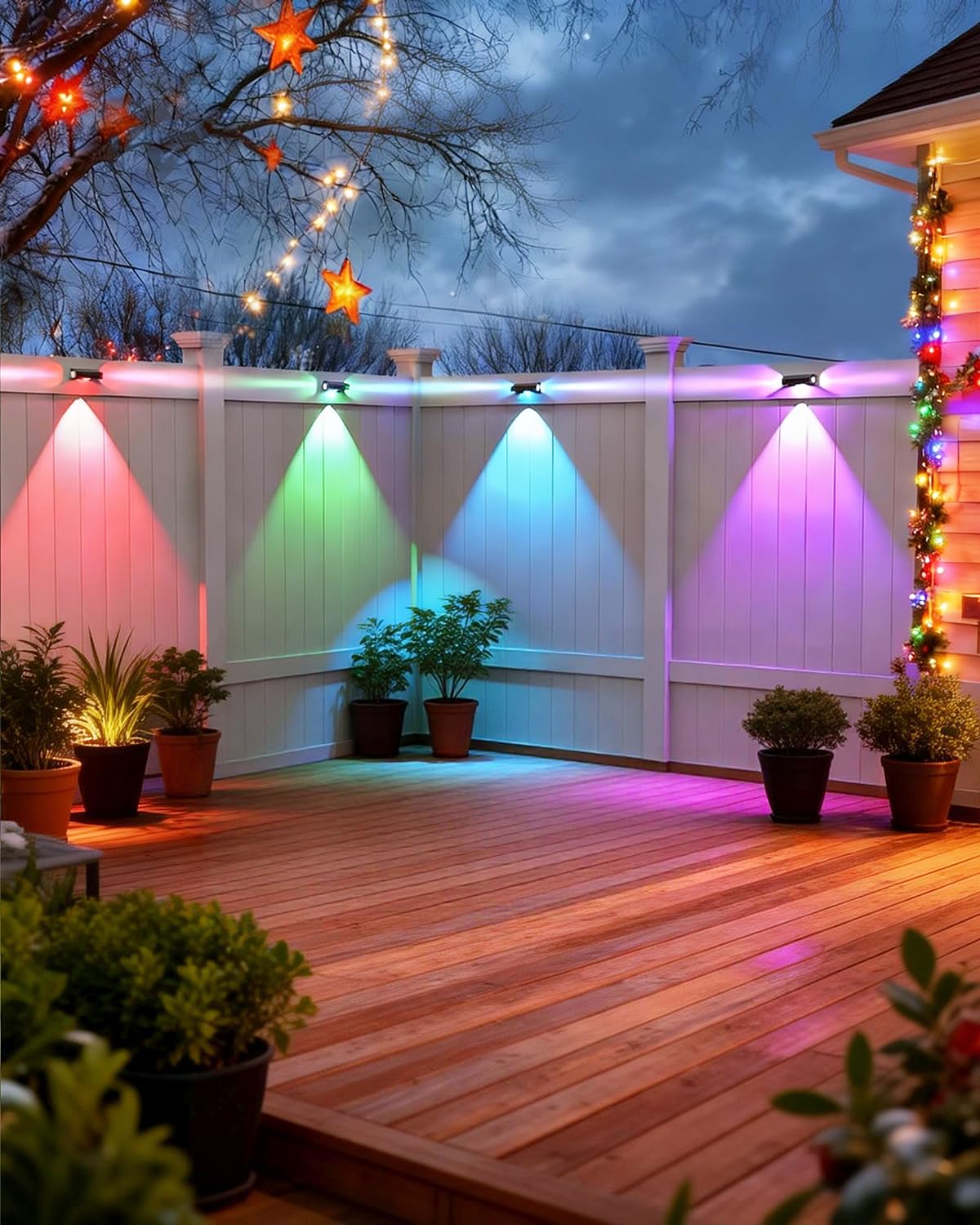 Solar-Zaunleuchten für den Außenbereich, Deckleuchten mit 12 RGB-Farbwechsel, warm und kaltweiß, IP65 wasserdicht, Dämmerung bis Morgendämmerung, Solar-Außenbeleuchtung für Wand, Terrasse, Stufe