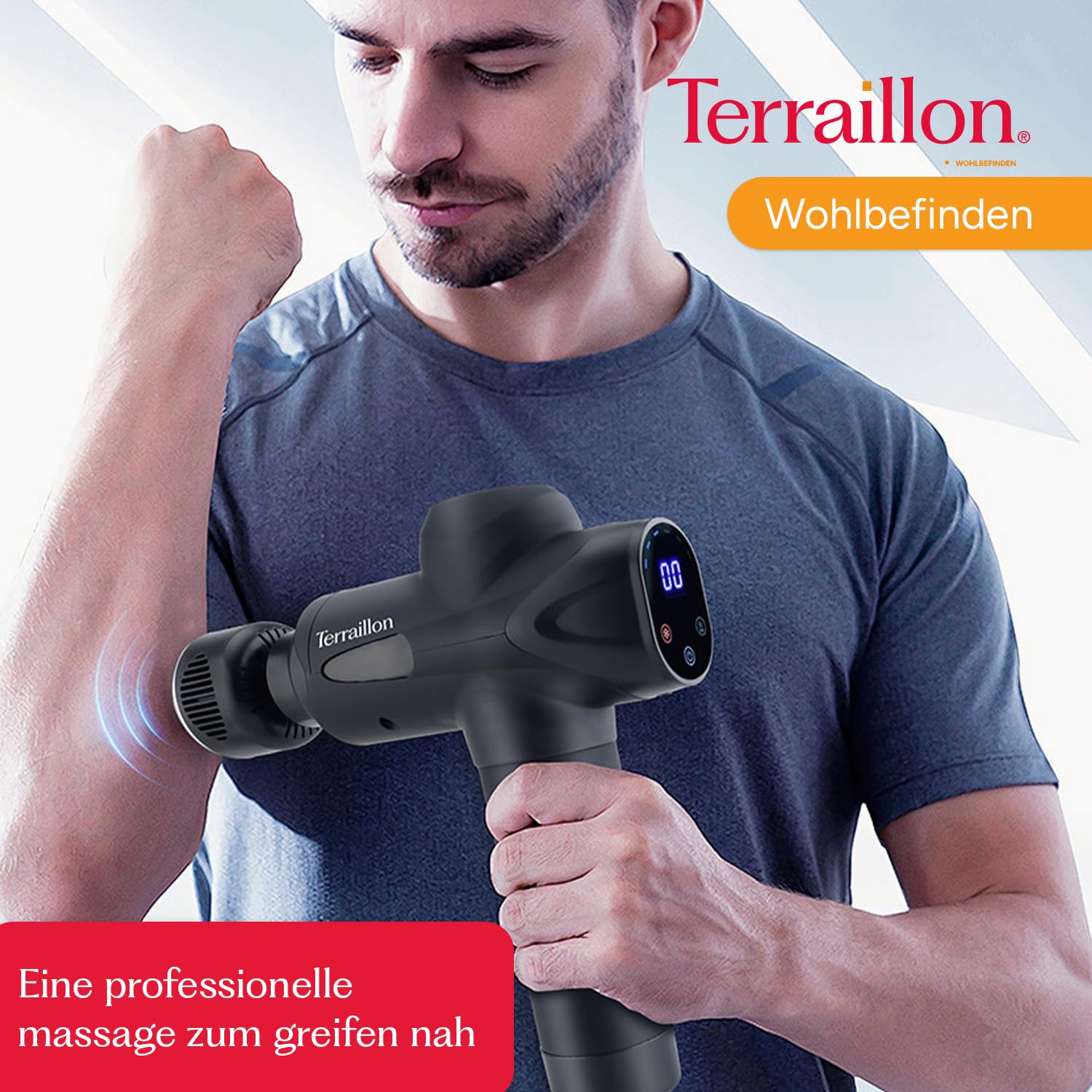 TERRAILLON - GUN MASSAGER EXPERT - Multizonen-Massagepistole, 20 Geschwindigkeiten 2800-3200 RPM, Digitalanzeige, Integrierter Timer, 5 Silikonaufsätze, davon 1 warm-kalt, USB-C, inkl. Etui, Schwarz
