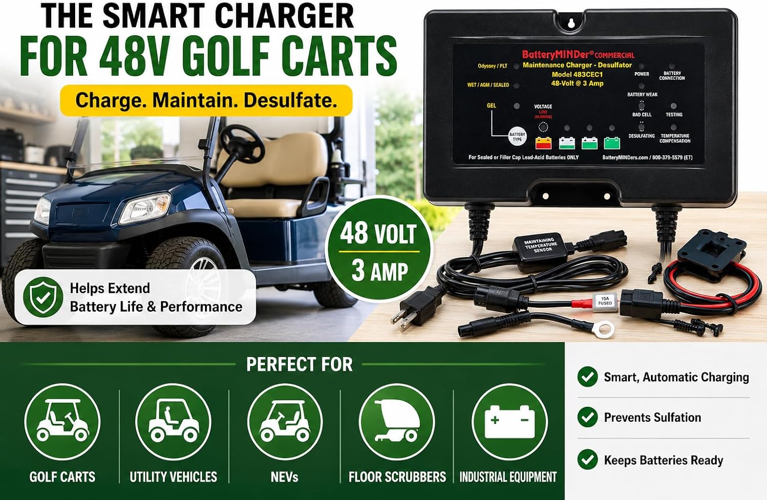 BatteryMINDer 48 Volt Golf Cart Battery Charger, Maintainer & Desulfator – Smart Automatic Trickle Charger that Helps Restore Sulfated Lead Acid Batteries image 3