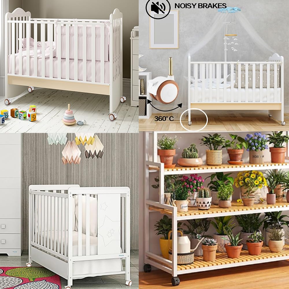 Lot de 4 petites roulettes de meubles avec roues silencieuses en caoutchouc, roulettes pivotantes, freins et goupilles pour chariots, lit d'enfant, landau, support de fleurs