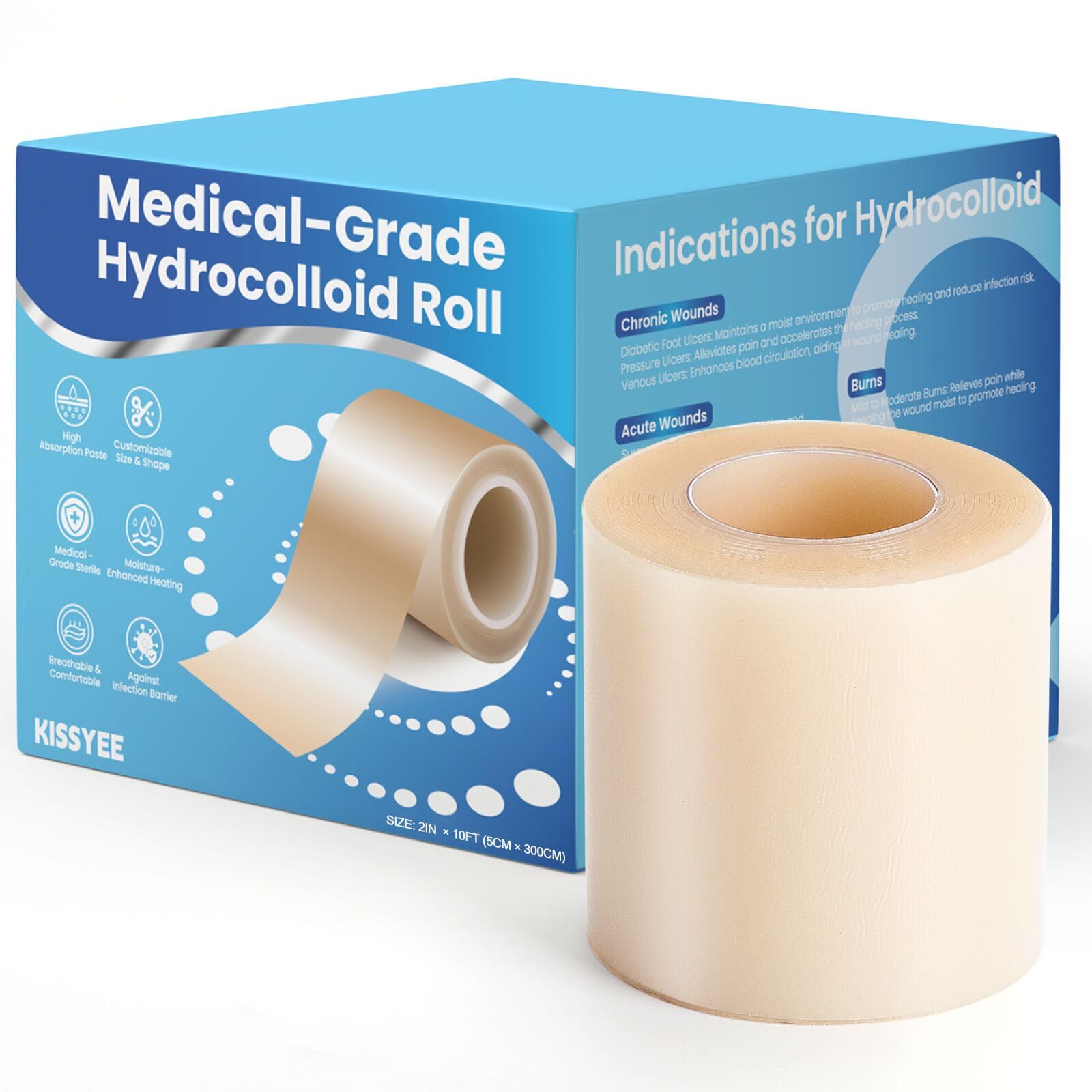 Hydrocolloid Roll Bandages, 2IN x 10FT Extra Large Hydrocolloid Patch with Self-Adhesive, Ultra Absorbent, Cut-to-Size, Flexible &amp; Waterproof for Burn, Blister, Acne Care, First Aid Kit Essential