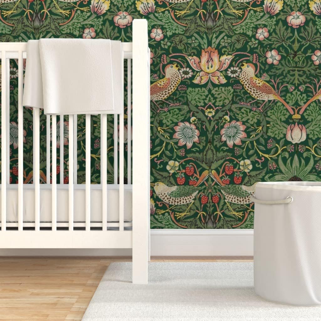 Peel & Stick Wallpaper Swatch - William Morris Victorian Antique Green Forest Garden Damask Art Nouveau Nature Birds Fruits Custom Removable Wallpaper by Spoonflower