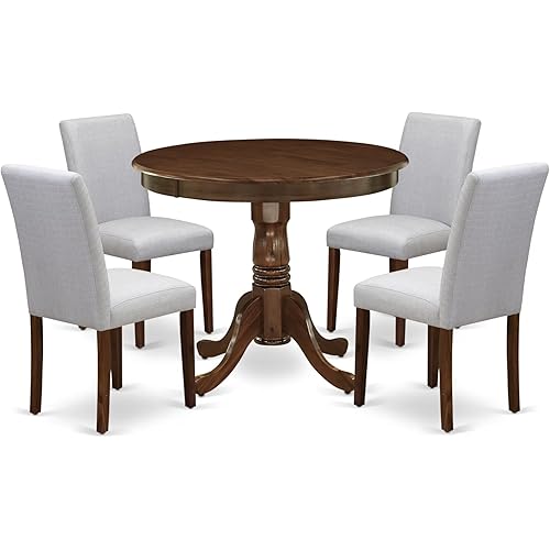 East West Furniture ANAB5-AWA-05 5 Piece Kitchen Table & Chairs Set Contains a Round Dining Room Table with Pedestal and 4 Upholstered Chairs, 36x36 Inch, Antique Walnut