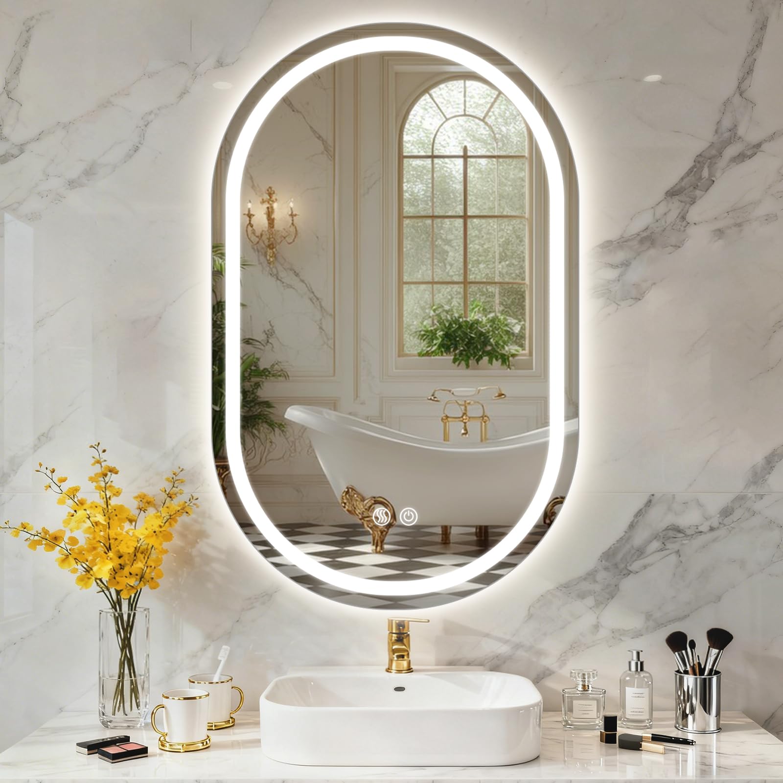 TANTEC Oval Bathroom Mirror with LED Lights 500x800mm, Anti-Fog, 3 Colors Dimmable, Backlit + Front Light, Lighted Bathroom Vanity Mirror for Wall, Shatterproof Tempered Glass, Memory Function