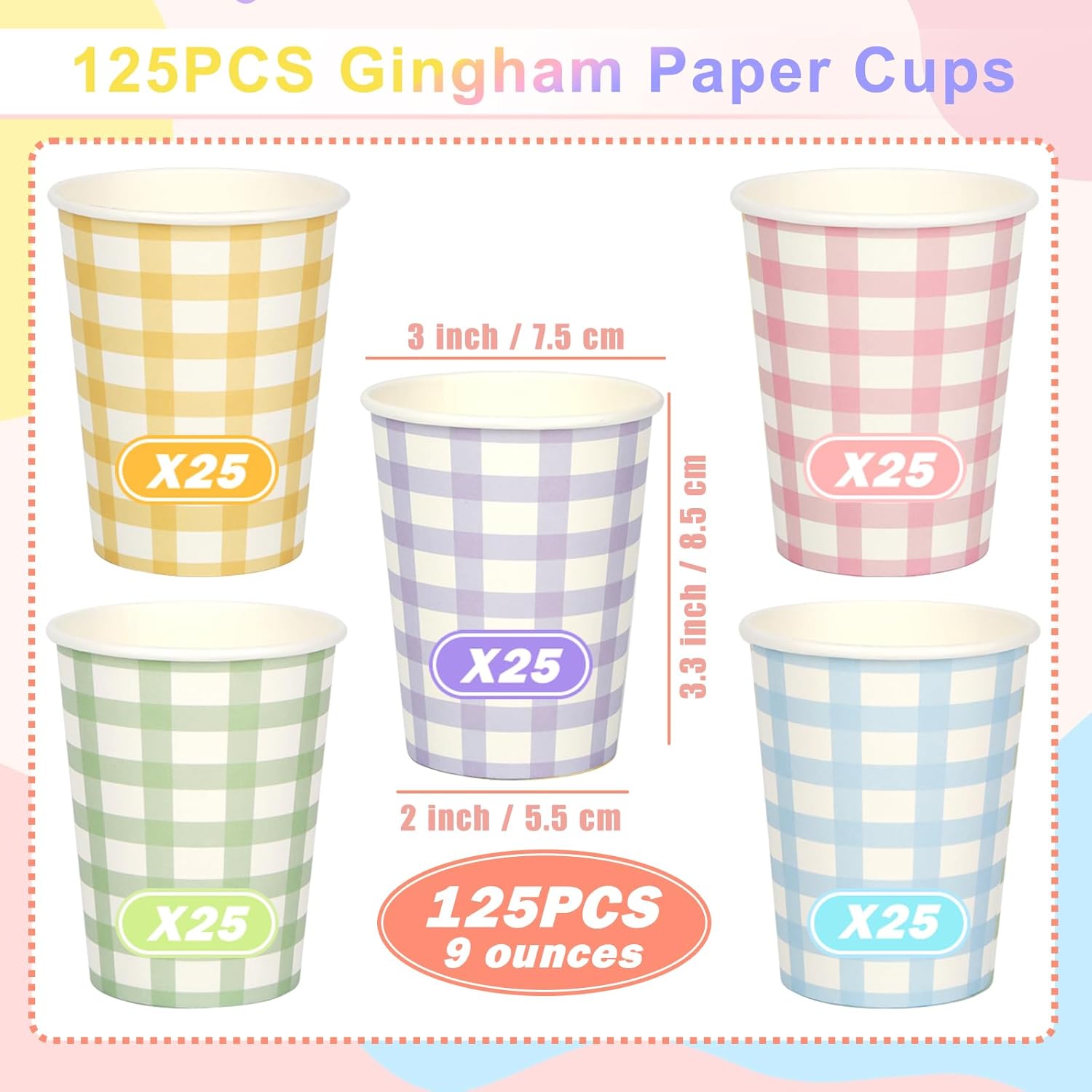125 Pcs 9 OZ Gingham Party Paper Drinking Cups - 5 Colors(Blue/Pink/Sage Green/Yellow/Purple) Disposable Plaid Paper Cups Checkered Cups - For Wedding Birthday Decoration Fiesta Baby Shower Picnic - Image 2
