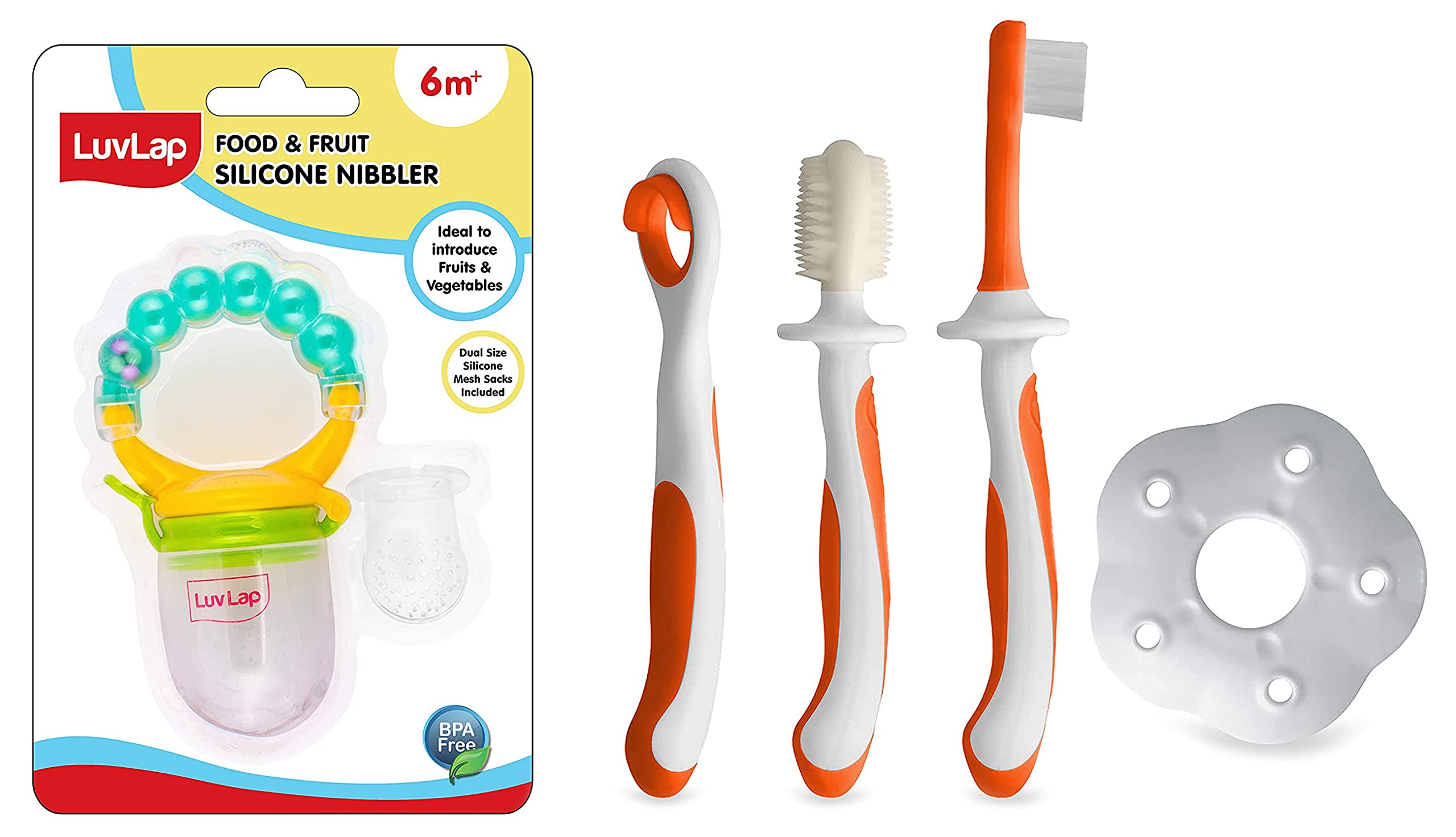 LuvLap Pearly Food & Fruit Nibbler and Baby Training Toothbrush Set With Anti-Choking Shield, Teeth Tongue Cleaner, Oral Hygiene, 3 Pcs, (White/Orange) - Manual-image-11