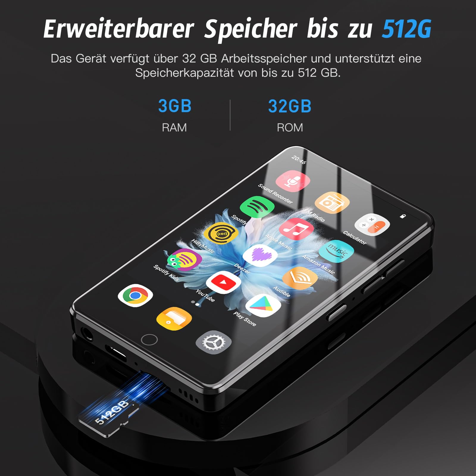 32GB MP3 Player mit Bluetooth und WiFi, 4.02“ IPS HD MP4 Player mit Lautsprechern, Musik Player für Kinder mit Android 13 OS, Android MP4 Player mit Spotify, Play Store