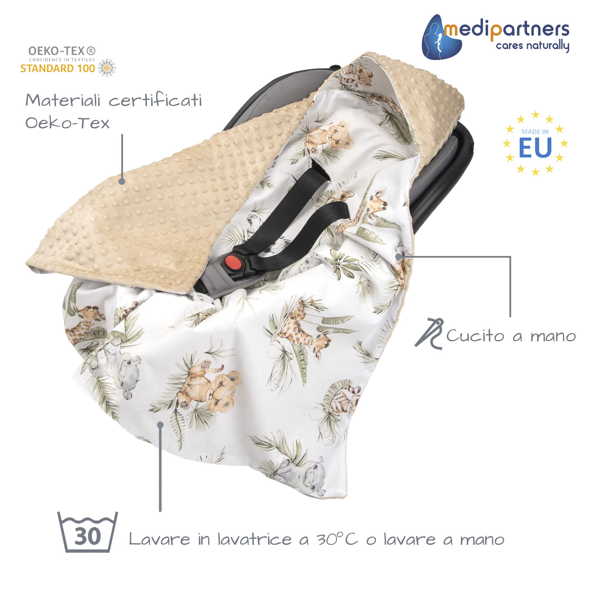 Medi Partners Coperta neonato ovetto Sacco per Passeggino - 100% Cotone universale Blanket 85x85cm fodera protettiva Morbida e Accogliente Passeggini Marsupio (Safari con Minky beige)