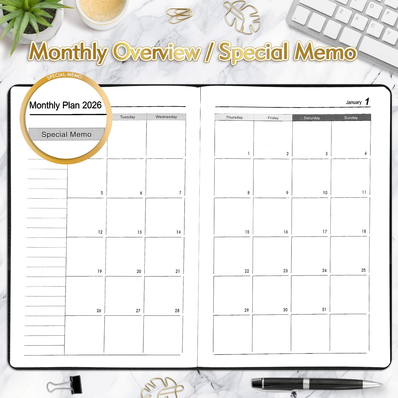 KESOTE Large Daily Hourly Planner 2026 - One Page a Day, 2026 Diary 8.5 x 11" Hardcover Weekly Monthly Agenda 12 Month, A4 Diary Notebook Planner Christmas Gift, Black