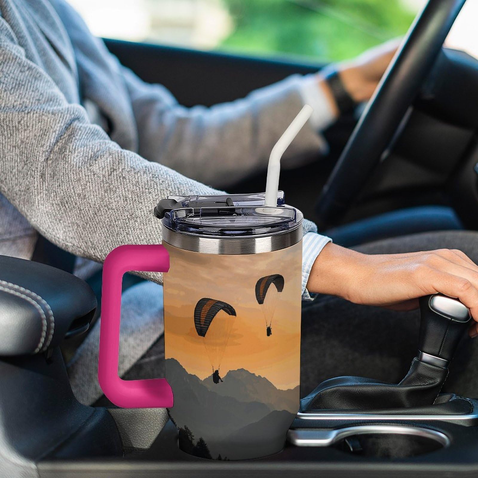 Autobecher aus 304 Edelstahl, Fallschirmbecher mit Strohhalm und auslaufsicherem Deckel, großes Fassungsvermögen, vakuumisolierter Reisebecher für Auto-Becherhalter, 1,2 l