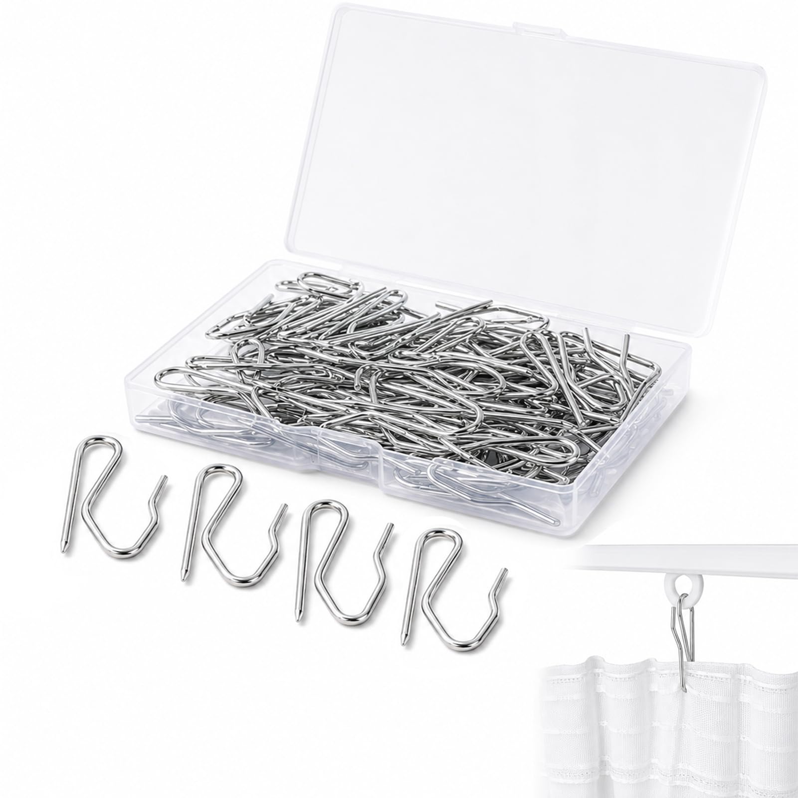 50 Pack Curtain Hooks – Heavy Duty Metal Pin Hooks for Pencil Pleat Curtains – Zinc Alloy Drapery Hooks for Tracks, Rings & Rails – Silver