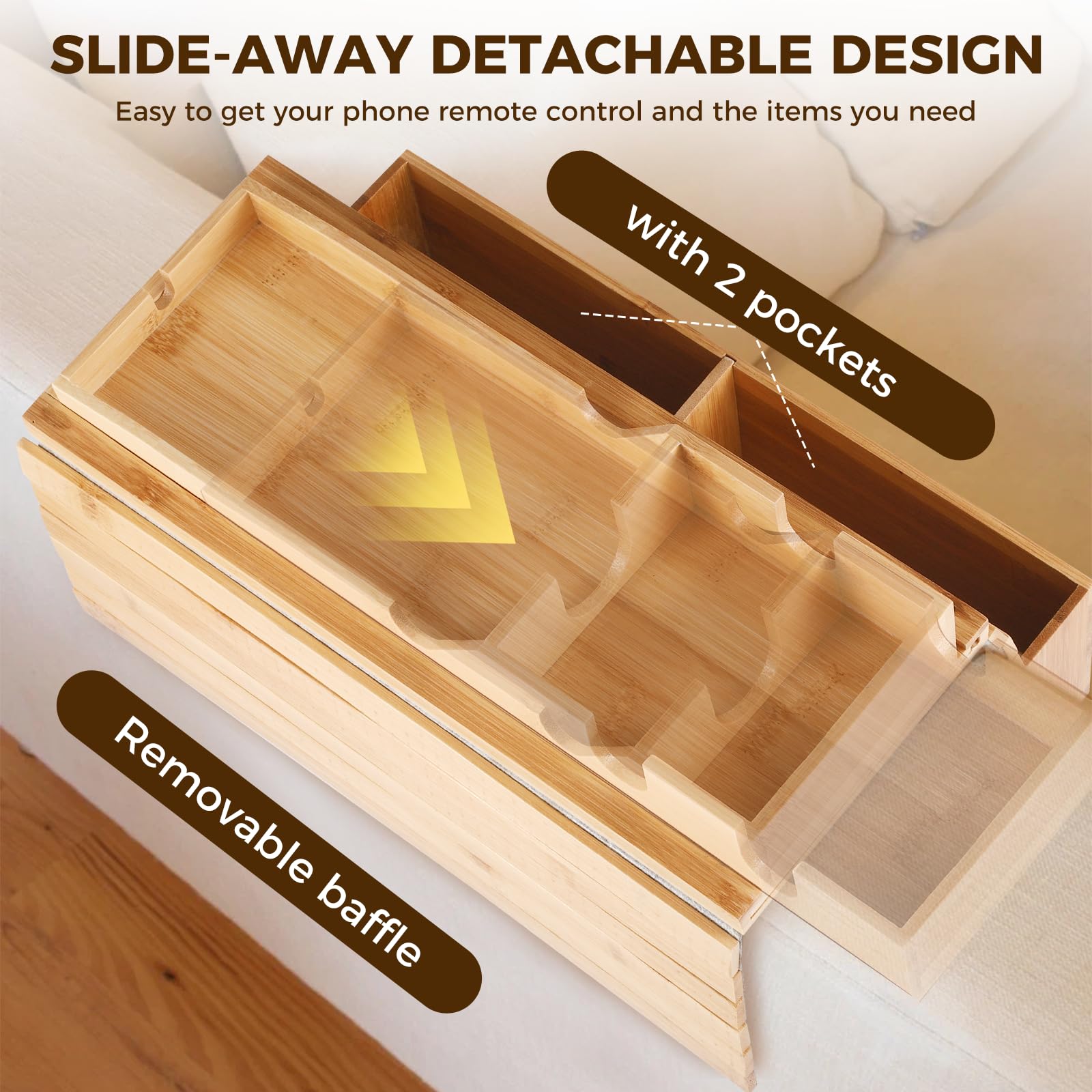 Towwoo Bandeja para Sofá de Bambú, Organizador de Reposabrazos para Sofa, Mesa Flexible con Clip para Brazo de Sofá, para Snacks, Bebidas, Teléfono, Control Remoto