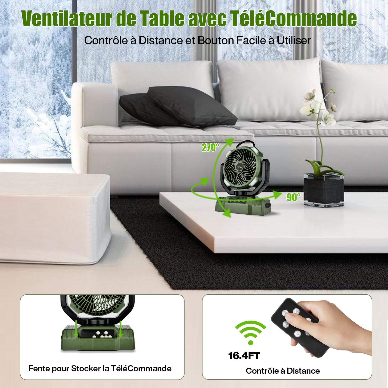 Ventilateur de Camping,Ventilateur de Bureau USB Avec Batterie 10 000 Mah Ventilateur Portable Silencieux Avec Lumière LED Rotation À 270° pour Bureau,Maison,Chambre,Voiture,Pêche,Camping en Plein Air