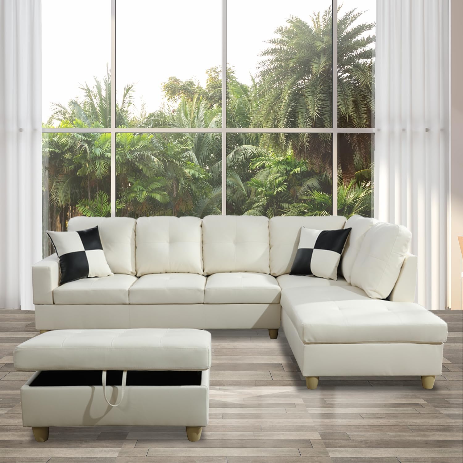 Living Room Furniture Set Faux Leather Sectional Sofa Set, Modern L-Shaped with Storage Ottoman Couch Set for Living Room Furniture/Office/Apartment(Faux Leather,F-White,Right Chaise)