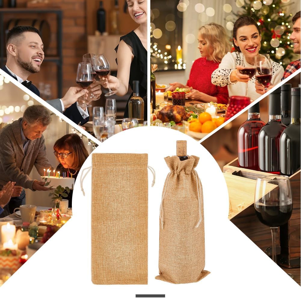 Beebeecraft 8Pcs 13.8x5.9 Inch Burlap Wine Bags Drawstring Champagne Bags Jute Sleeves Wine Bottle Gift Pouches for Whiskey Wedding Party Storage Wrapping