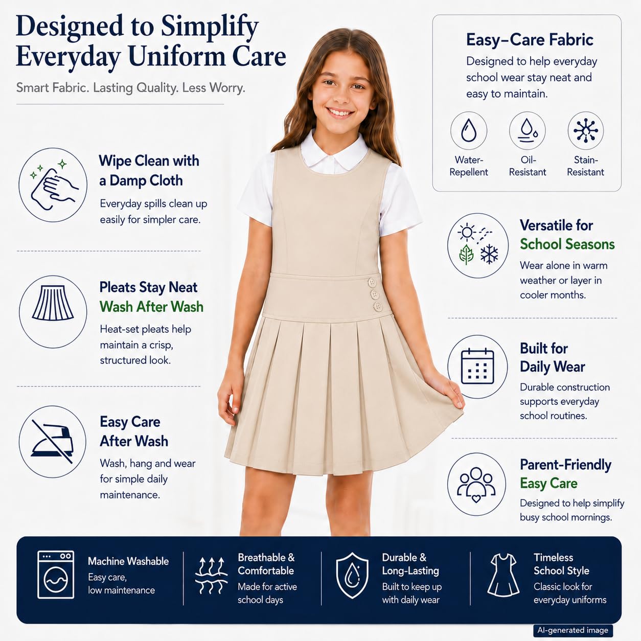 Bienzoe Jersey de uniforme escolar para niñas: vestido elástico plisado duradero para niños hasta la rodilla sin mangas