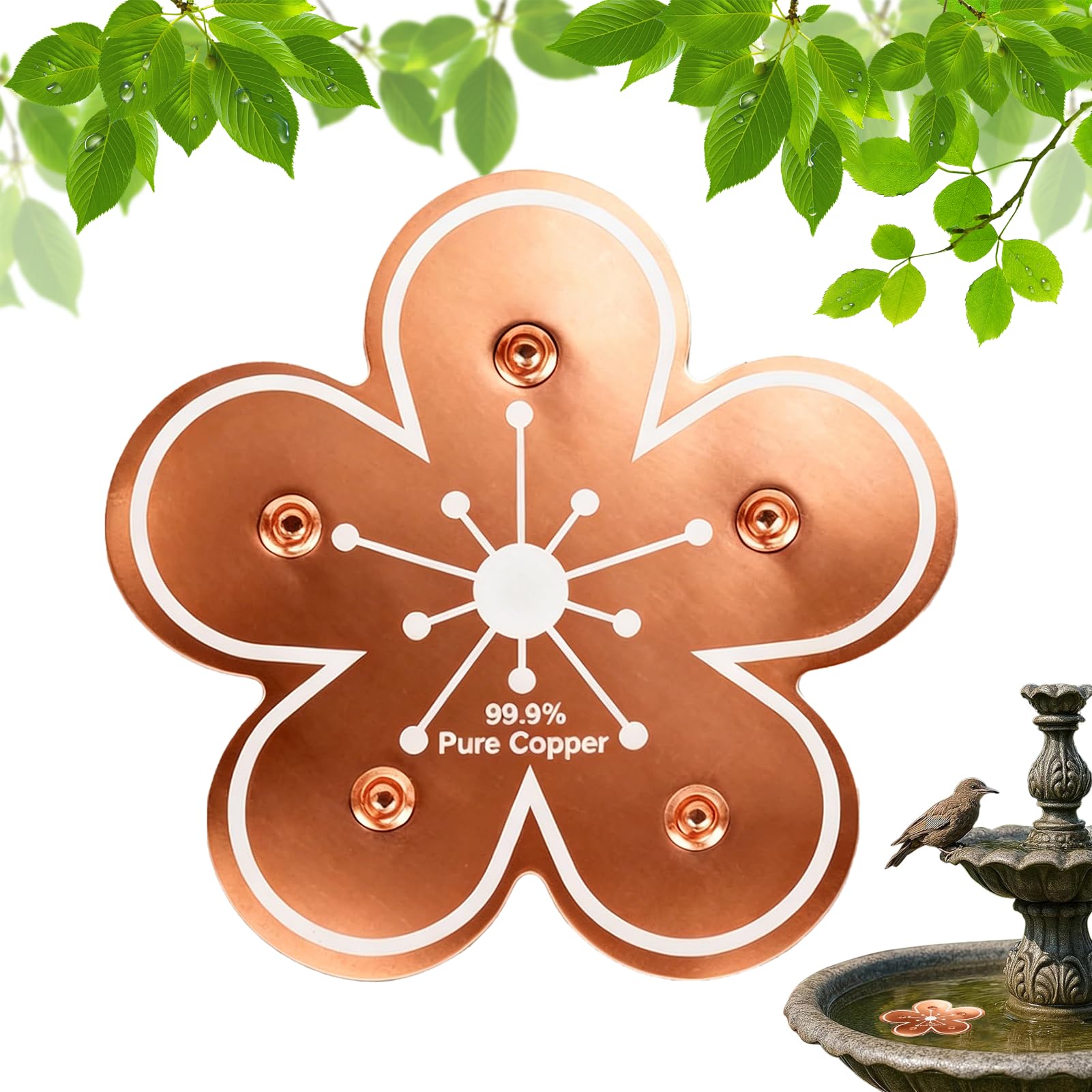 Bird Bath Copper Disk, 99.9% Pure Copper Cleaning Disk, Triple Point Support Purification Disc, Self Cleaning Water Purification Disc, All Season Floral Purifications Panel for Backyard Courtyard