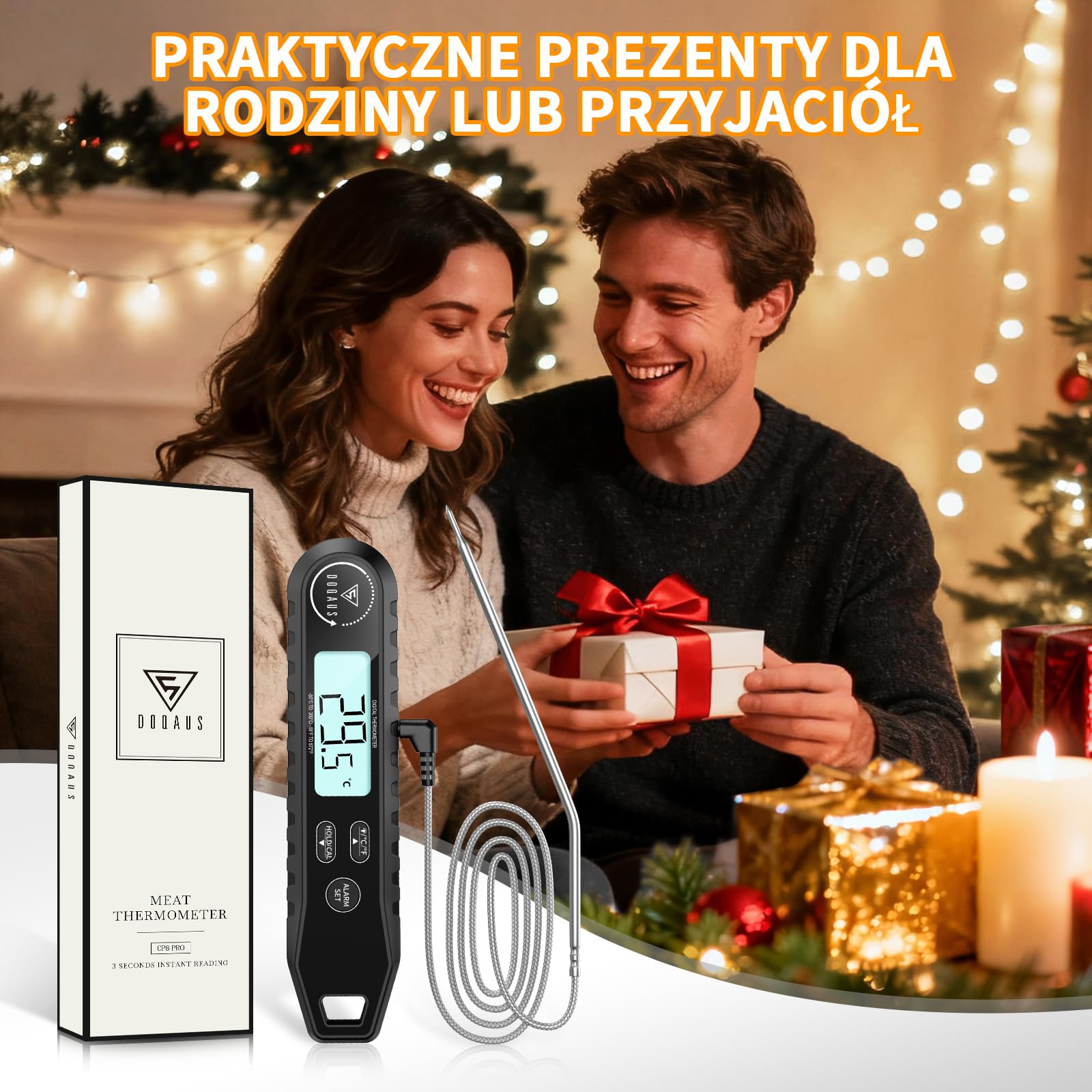 DOQAUS Termometr do mięsa z 2 Sondami - Dokładność ± 1°C i Pomiar w 3 Sekundy, Alarm i Podświetleniem do Pieczenia i Grillowania (Czarny)