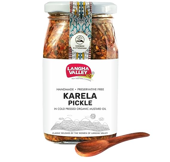 LANGHA VALLEY Homemade Karela Pickle, Bottle Gourd Pickle, Made with Cold Pressed Organic Mustard Oil, Sun Dried & Sun Matured, Glass Jar with Wooden Spoon, 360 Grams