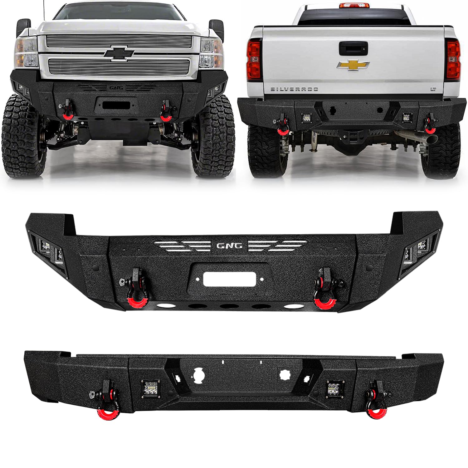 LUYWTE For 2007-2010 Chevy Silverado 2500/3500 Steel Front and Rear Bumper With Winch Plate&Square Lights（Black Texture）