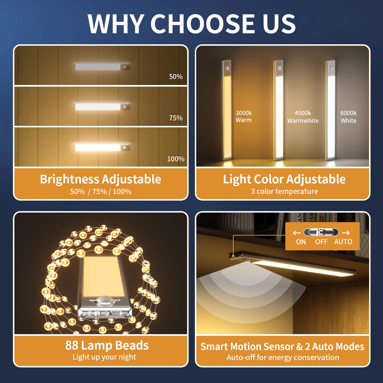 Unterschrankleuchten, 88 LED-betriebene Bewegungsmelder-Lichter für den Innenbereich, 2200 mAh über USB wiederaufladbar, 4 Stück, magnetische, dimmbare Schrankleuchten, kabellose Unterbauleuchten für