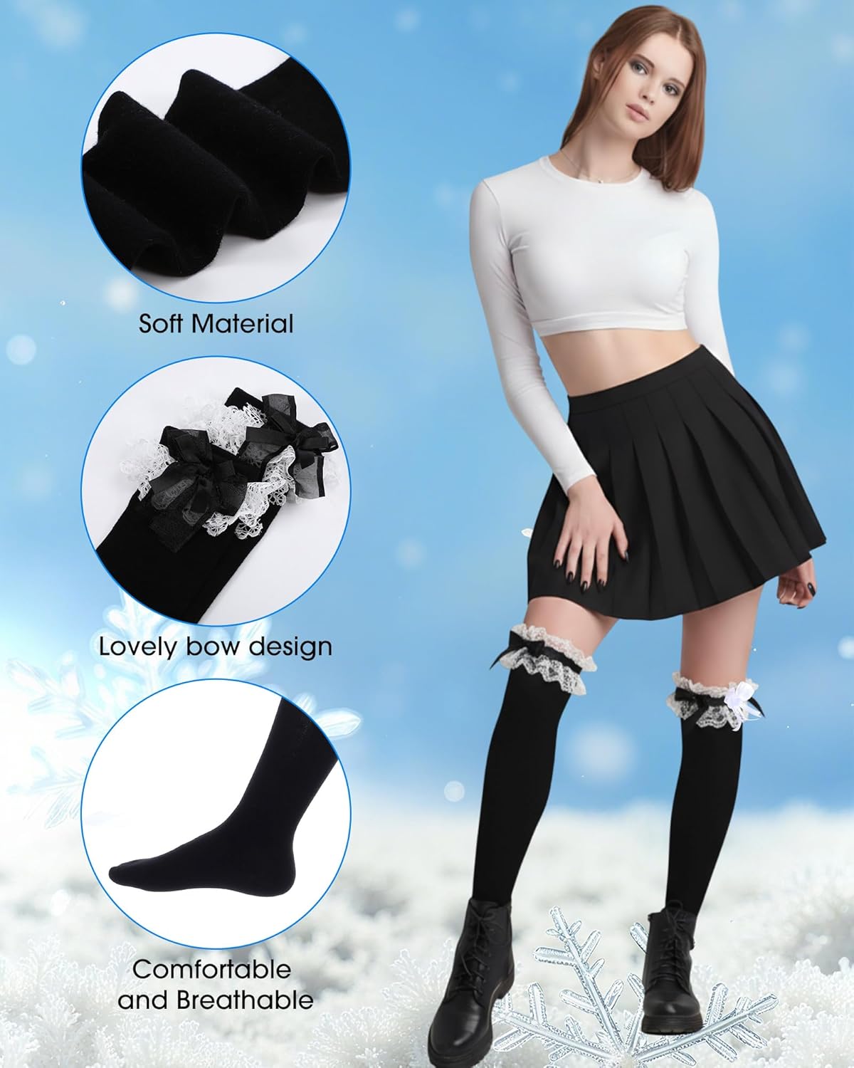 Syhood 2 Pairs Women's Knee High Socks, Soft Lace with Ruffle Bow, Breathable for Lolita Valentine's Day Gift - Image 6