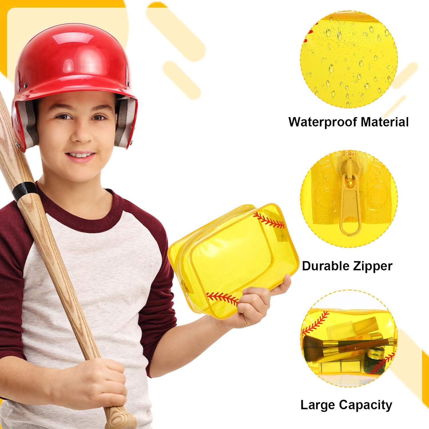 12 Pcs Softball Gifts Bags PVC Waterproof Clear Makeup Bag Organizer 18x12x6cm Zippered Pouch for Team Party Favors, Softball Sccessories for Girls, Coach Travel Storage (Yellow) - Image 3