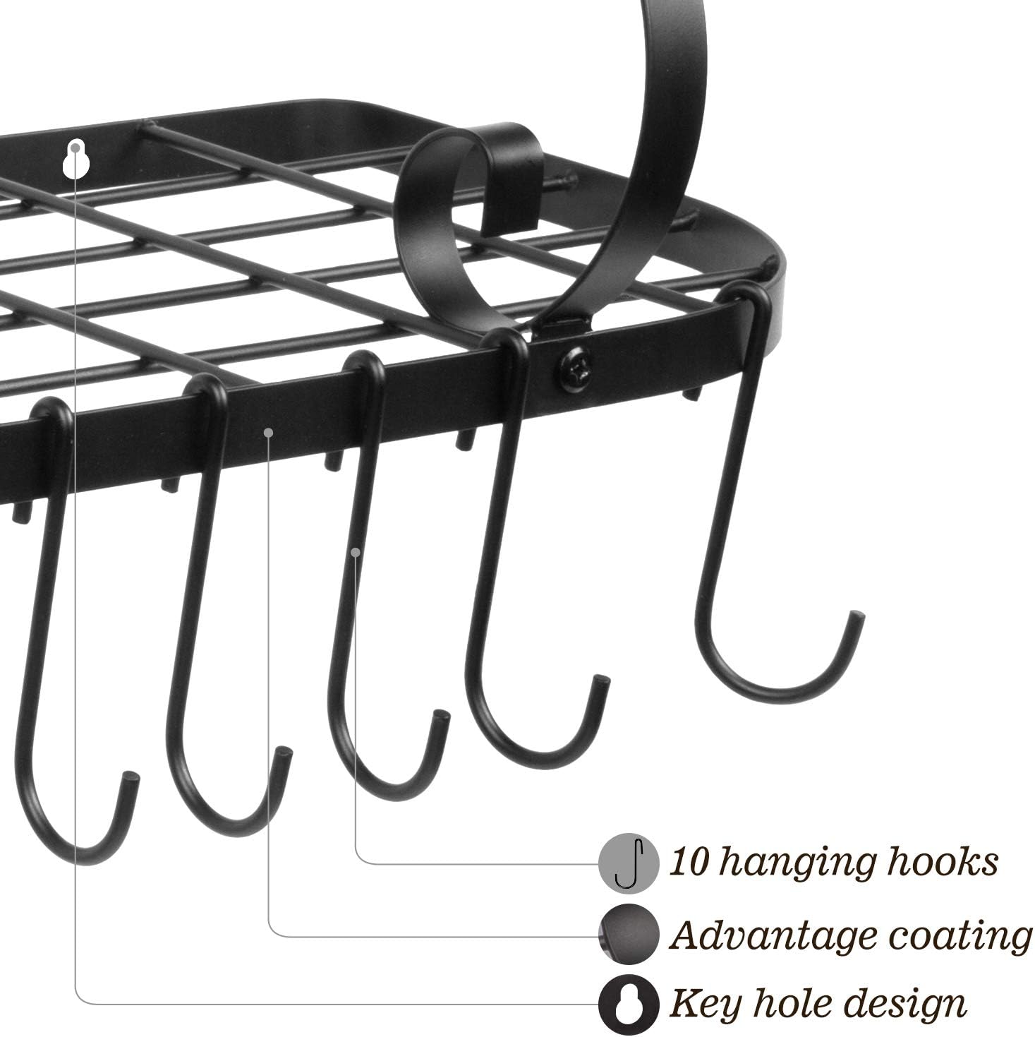 Vdomus wall mount pot pan rack, kitchen cookware storage organizer, 24 by 10 in with 10 hooks, black: Home & Kitchen