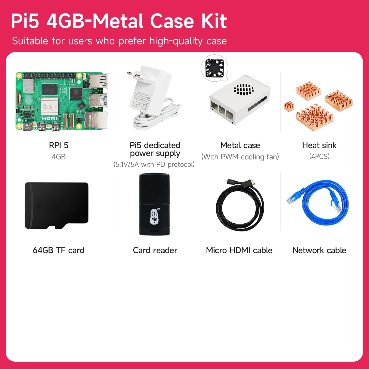 Yahboom Raspberry Pi 5 4GB Starter Kit with 64GB SD Card | Raspberry Pi 5 Aluminum Case Passive Cooling, 27W 5.1V 5A USB C Power Supply, HDMI Cable (4GB-Metal Case Kit)