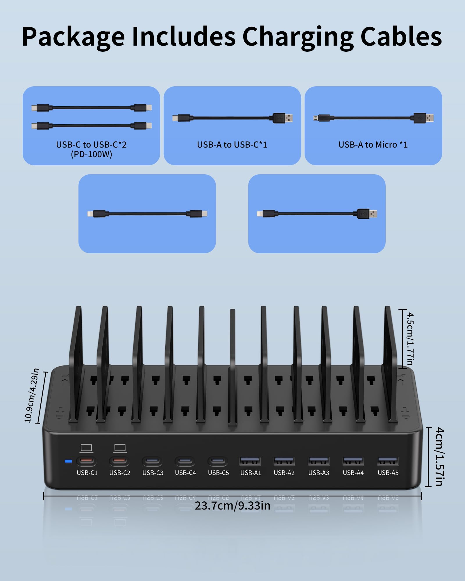 Estación de carga de 580 W para múltiples dispositivos, estación de carga rápida USB C de 10 puertos, base de carga dual PD de 100 W con separadores ajustables y 6 cables, organizador de dispositivos