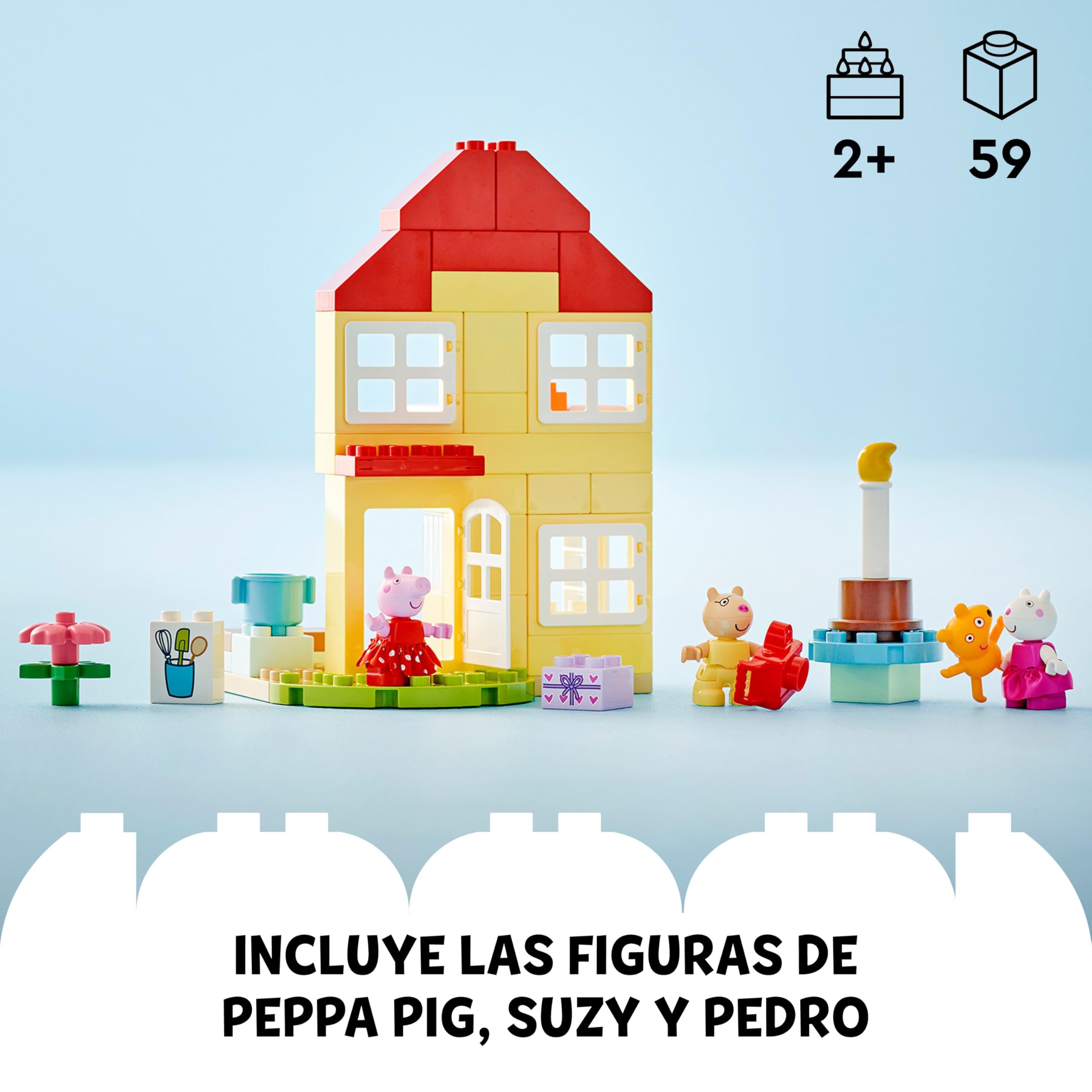 LEGO Duplo Casa de Cumpleaños de Peppa Pig Casita de Juguete con 3 Figuras y Tarta, Juego de Aprendizaje para Construir, Regalo para Niñas y Niños de 2 Años o Más 10433