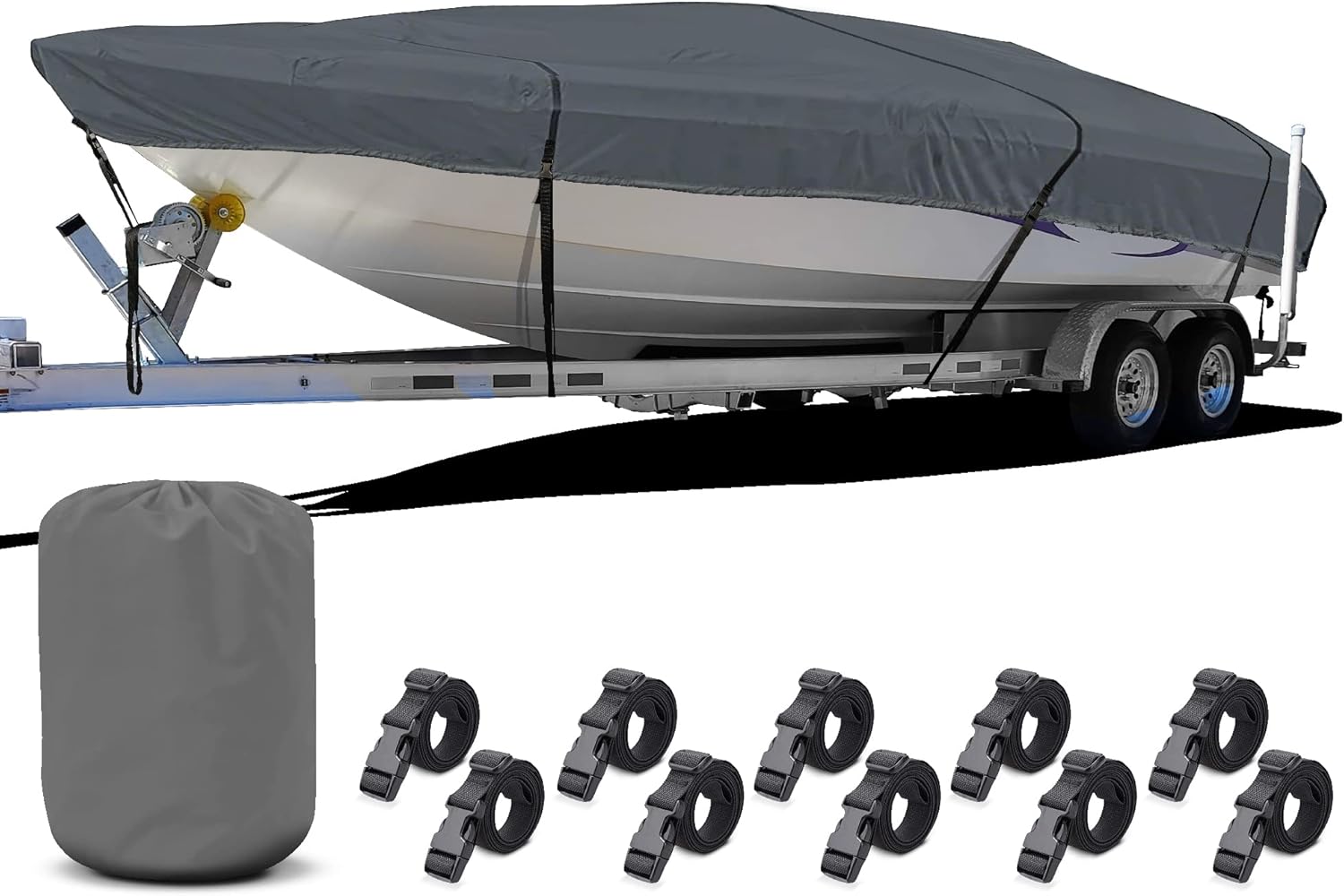 V-Hull Boat Cover, Semi-Custom 3-Layer 600D Polyester Waterproof Fade-Proof Reinforced Stress Points, 12'-14', Trailerable Mooring Fits Tri-Hull Fishing Ski Pro-Style Bass Runabout (Gray)