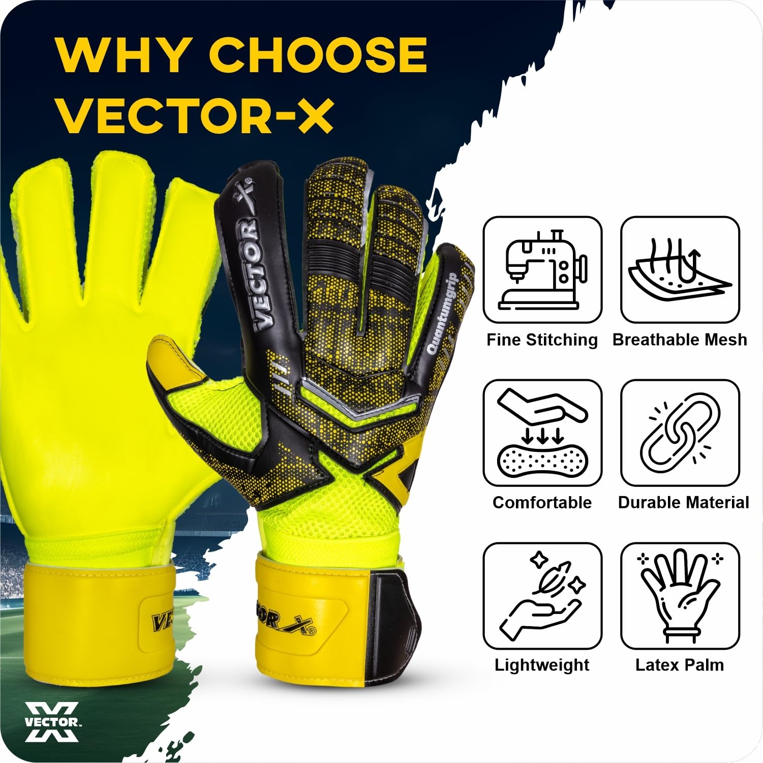 Vector X Quantum Goalkeeper Gloves, Soccer Gloves, Goalie Gloves, Breathable Football Gloves| 4mm Latex Material to Give Protection| for Kids Youth & Adult (Yellow, Size: 9)