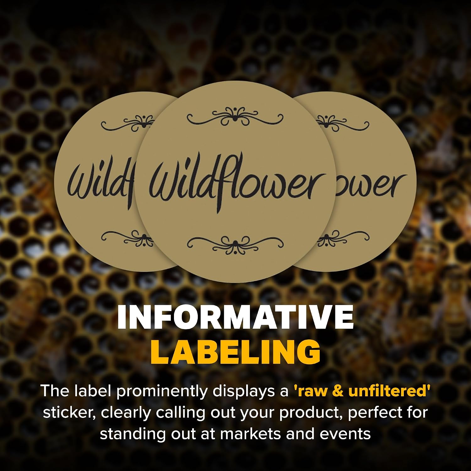 Mann Lake Gold Foil Honey Jar Labels, Multi-Surface Applicable, Easy-to-Apply, Boost Honey Sales, 250 Premium Wildflower Labels (1-1/4 inch)