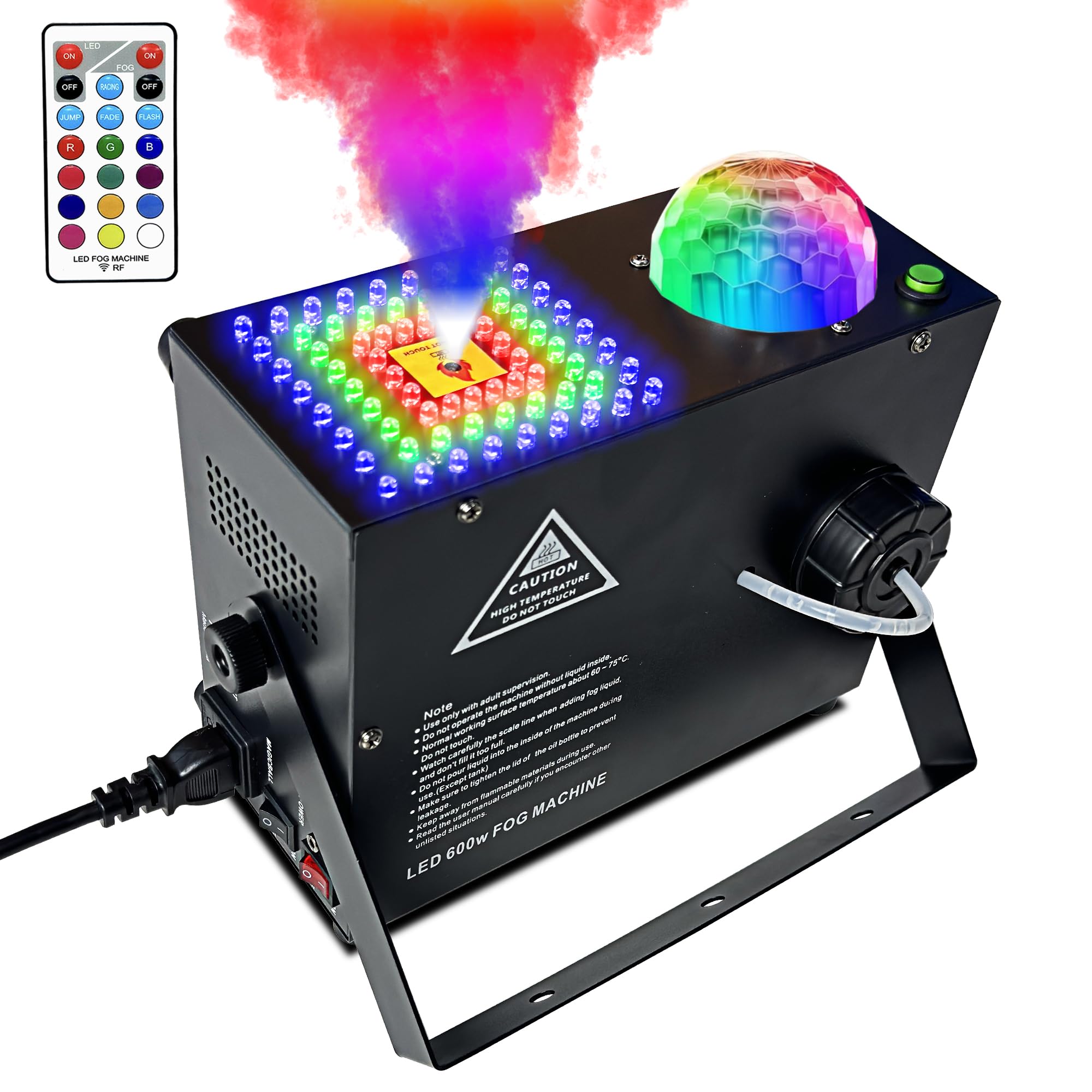 Smoke Machine, Fog Machine with Disco Ball Upward Spray,72 LED Lights, 600W and 2000 CFM Spray, Remote Control, Perfect for Outdoor Halloween, Christmas, DJ Stage Effect, A-Square+Ball