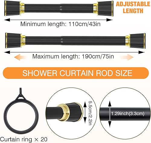 Miniatura 2 de ZOCONE Barra de cortina de tensión de 43 a 75 pulgadas, barra de cortina de ducha negra, tensión de barra de ducha ajustable, sin taladro, con